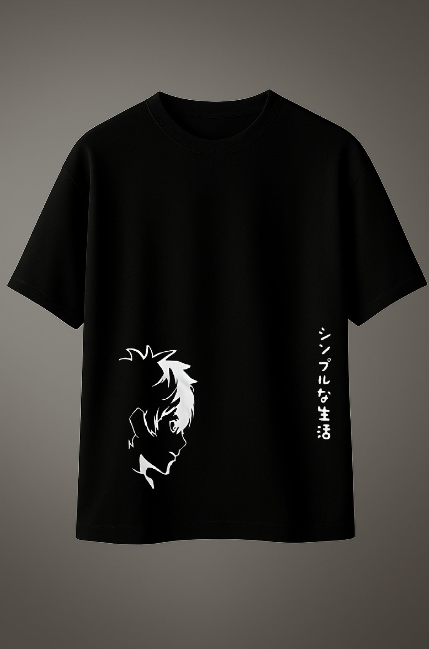 Black slim fit T-shirt with white anime character silhouette and Japanese text print on the front.