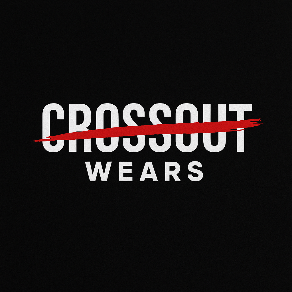 Logo of 'CROSSOUT WEARS' with a red line through the word 'cross' on a black background