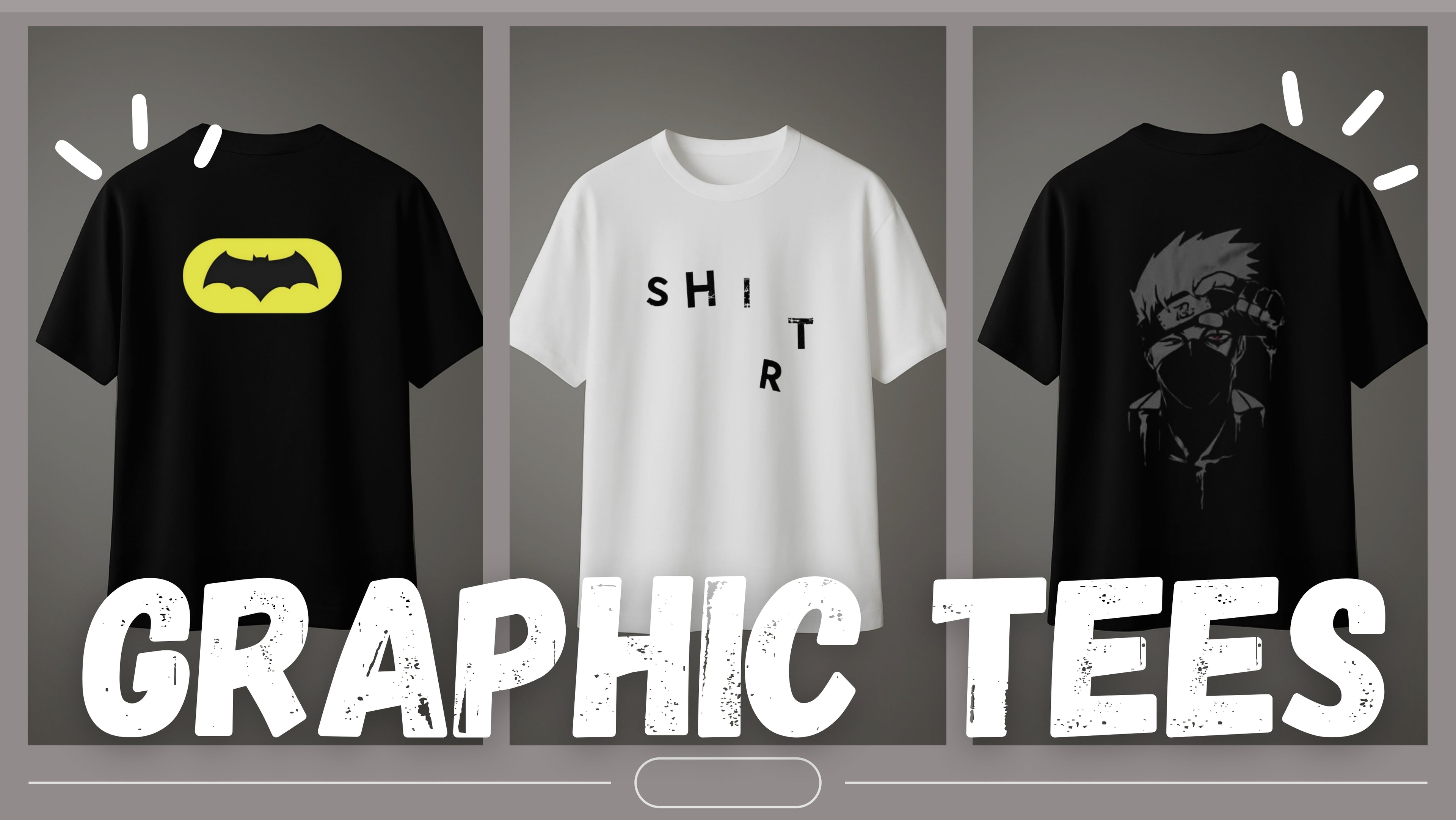 Three graphic tees with different designs on a gray background, labeled 'Graphic Tees'. | Crossout Wears