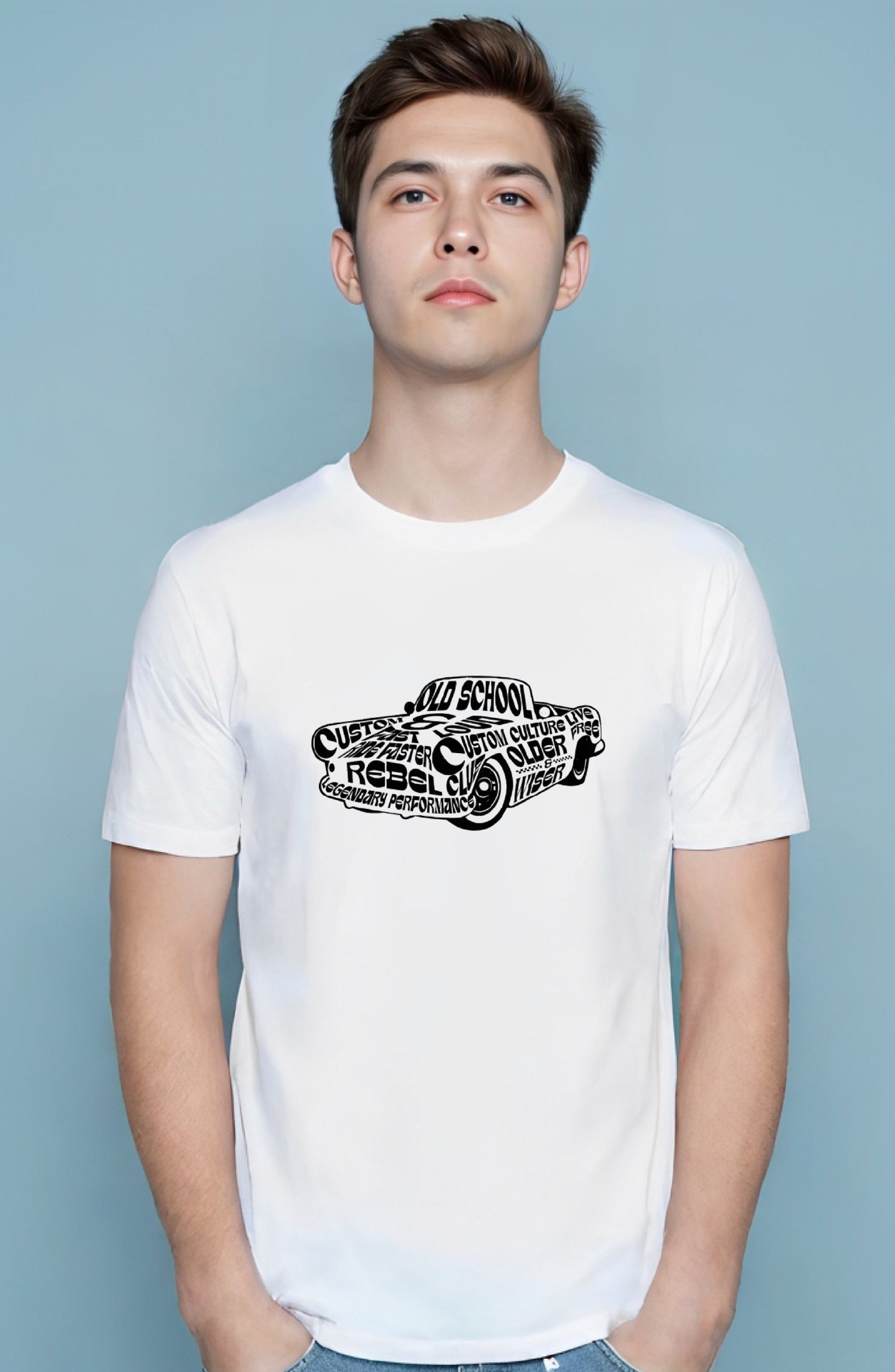 White T-shirt with bold white vintage car graphic design featuring the words “Old School Rebel, Custom Culture, Legendary Performance.