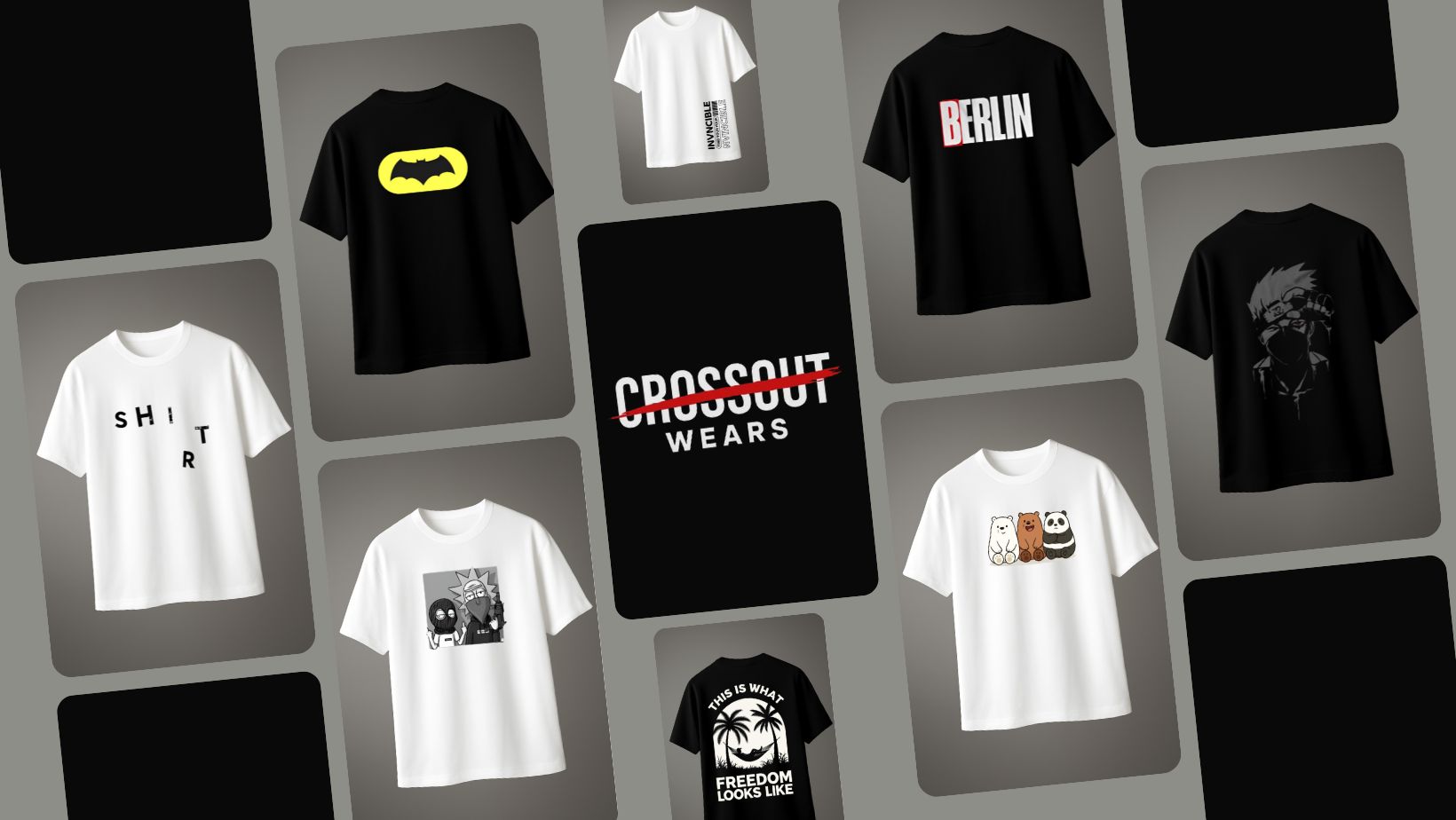 Collection of t-shirts with various designs and branding on a gray background