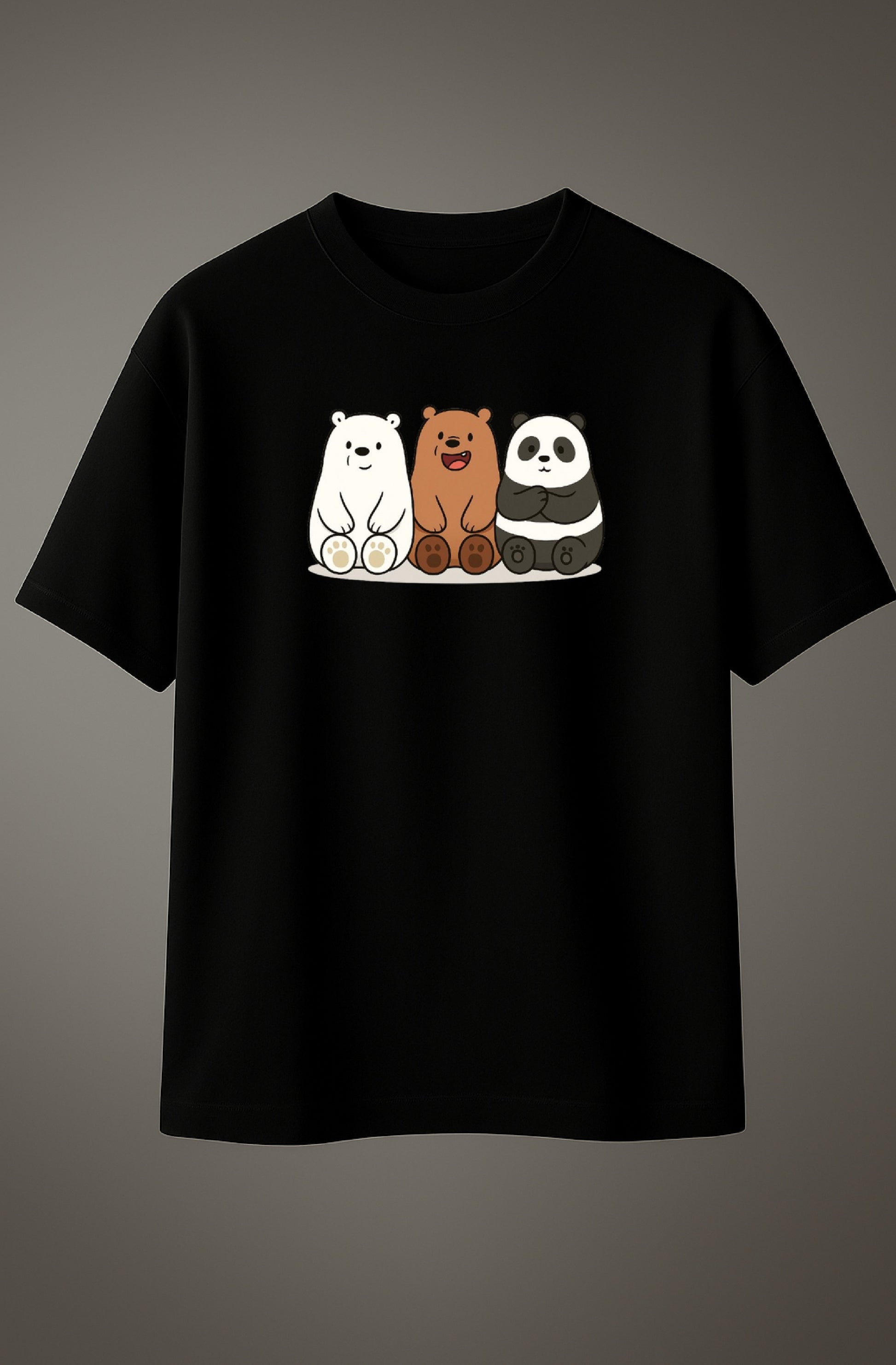 Black cotton T-shirt with three cute cartoon bears (polar bear, brown bear, and panda) sitting side by side on the back design. 