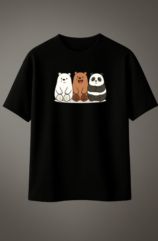 Black cotton T-shirt with three cute cartoon bears (polar bear, brown bear, and panda) sitting side by side on the back design. 