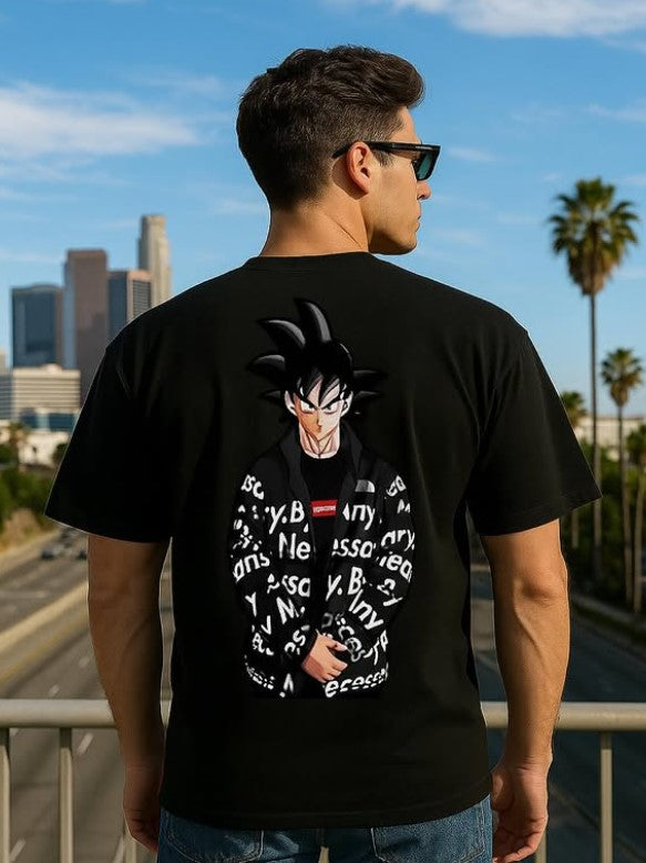 Person wearing a black t-shirt with a graphic design, standing against a cityscape with palm trees.