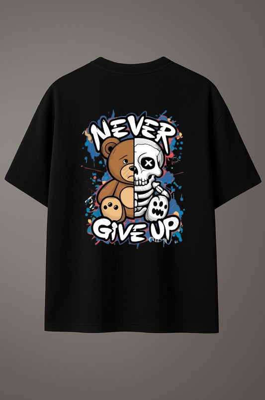 Black t-shirt with a bear and skull design and 'Never Give Up' text on a gray background