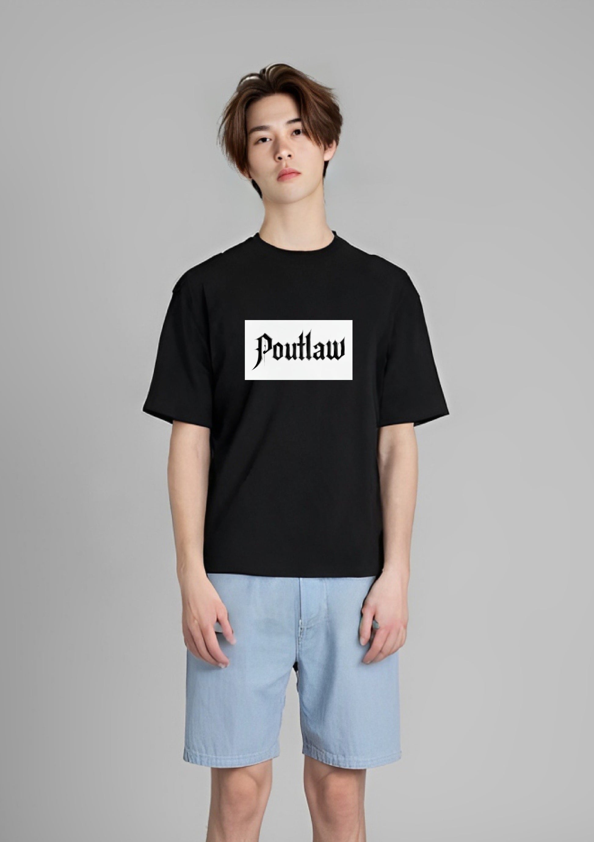 Black cotton T-shirt with bold gothic “Poutlaw” logo print on the front