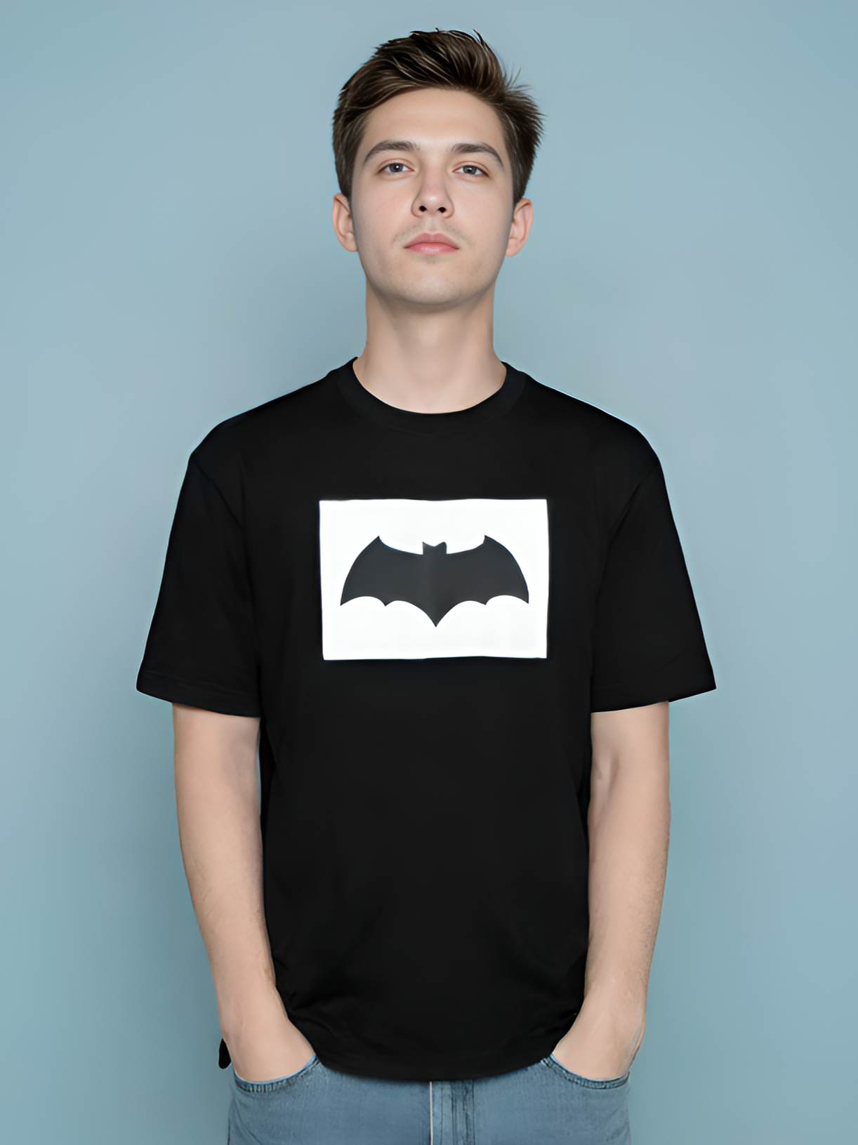 Black T-shirt with Batman logo graphic printed on the chest.