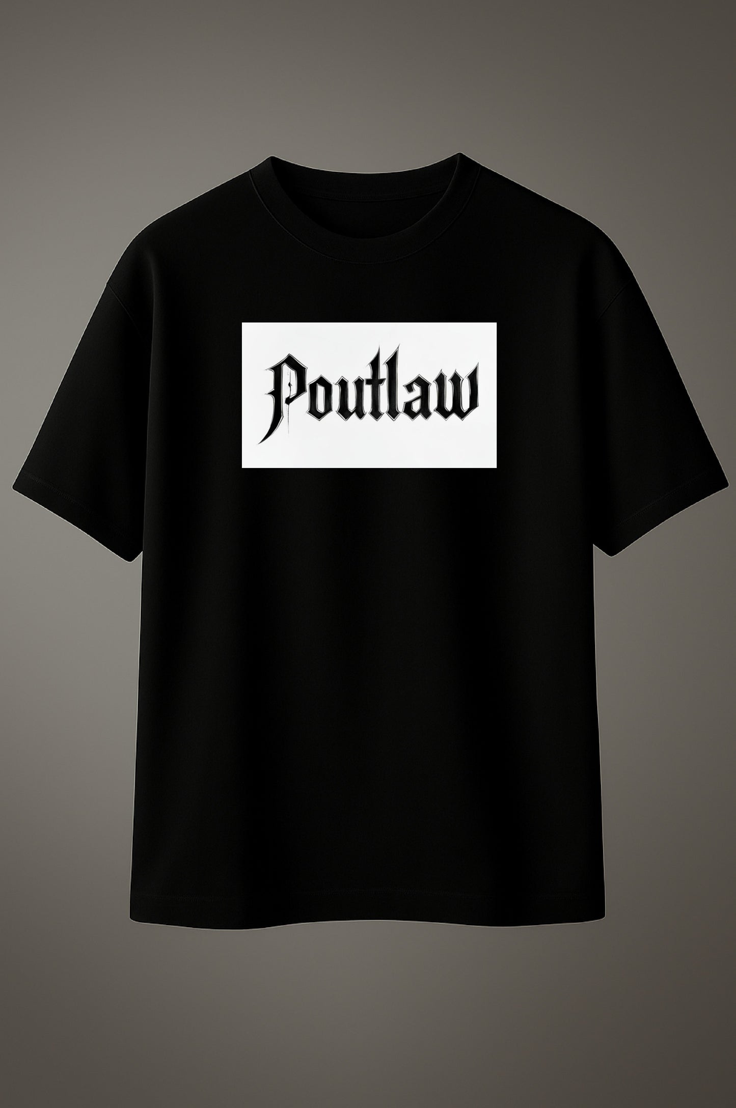 Black cotton T-shirt with bold gothic “Poutlaw” logo print on the front.