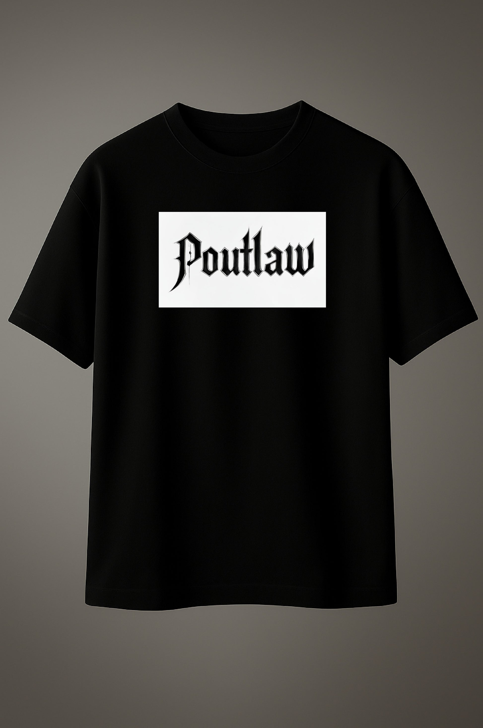 Black cotton T-shirt with bold gothic “Poutlaw” logo print on the front.