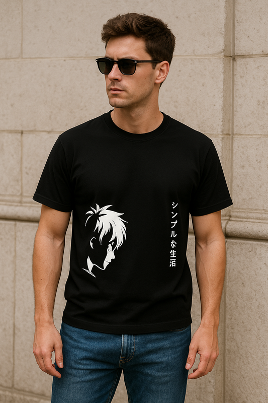 Black slim fit T-shirt with white anime character silhouette and Japanese text print on the front.