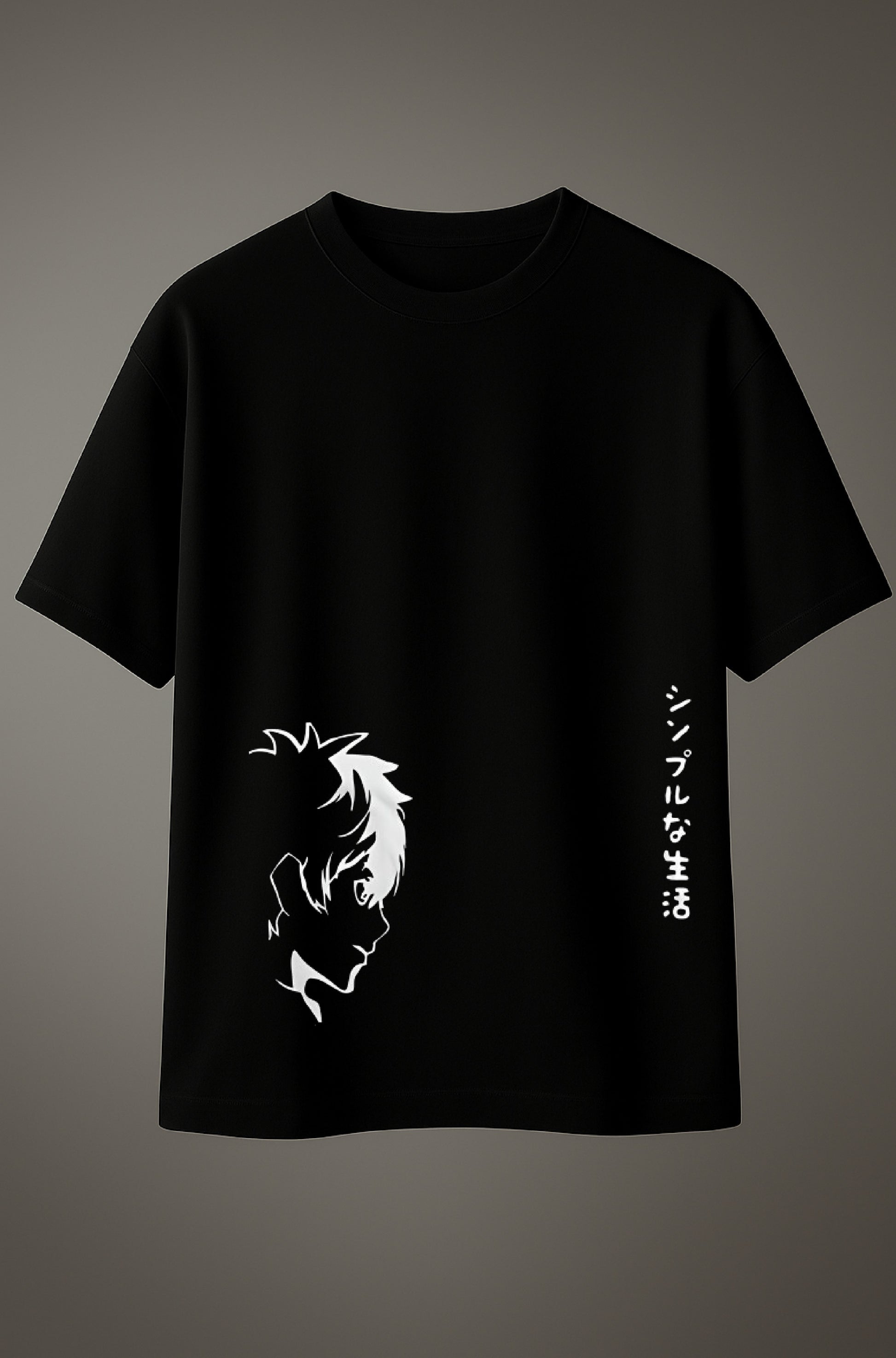 Black slim fit T-shirt with white anime character silhouette and Japanese text print on the front.