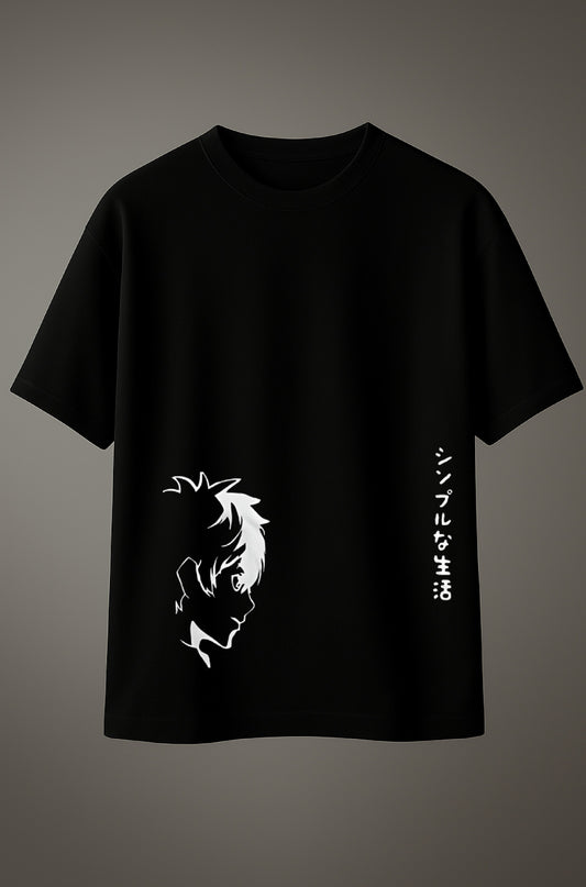 Black slim fit T-shirt with white anime character silhouette and Japanese text print on the front.
