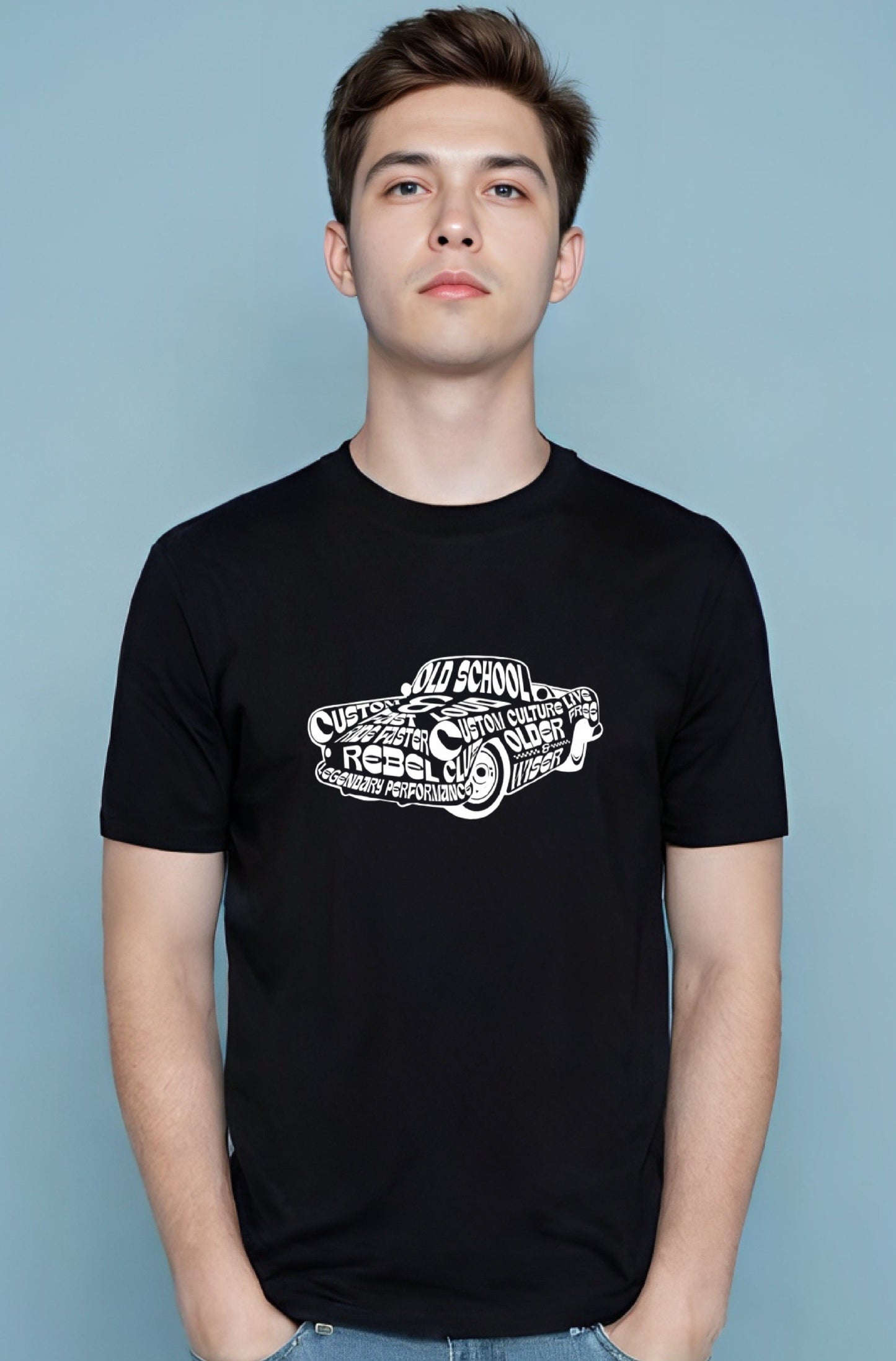 Black T-shirt with bold white vintage car graphic design featuring the words “Old School Rebel, Custom Culture, Legendary Performance.