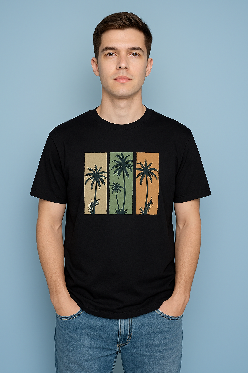 Black cotton T-shirt with tropical palm tree graphic print in beige, green, and orange panels.
