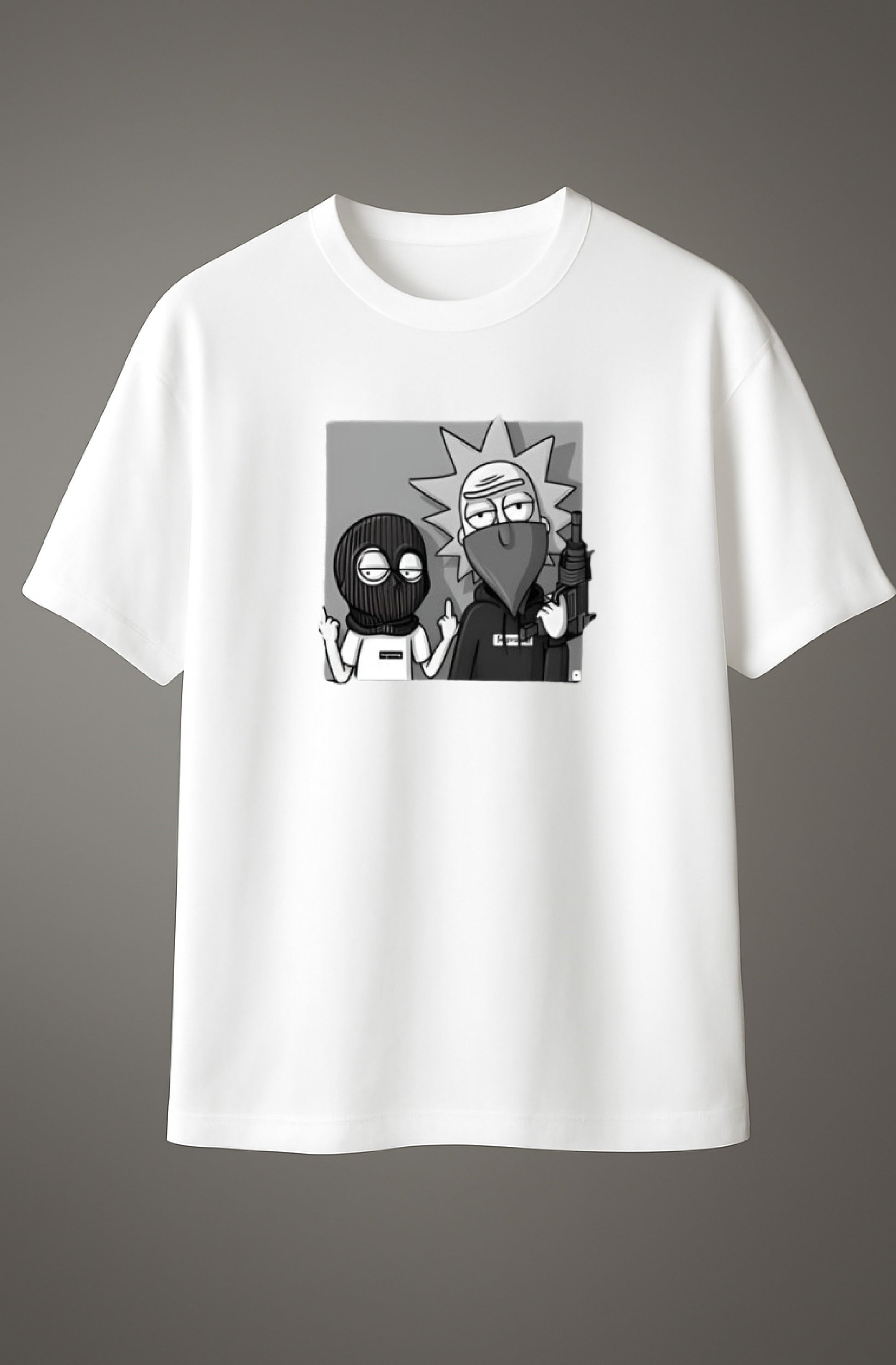White Cotton T-shirt with bold cartoon-style graphic print in monochrome design.