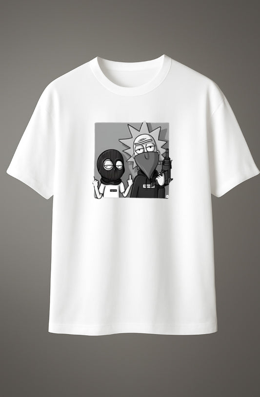 White Cotton T-shirt with bold cartoon-style graphic print in monochrome design.