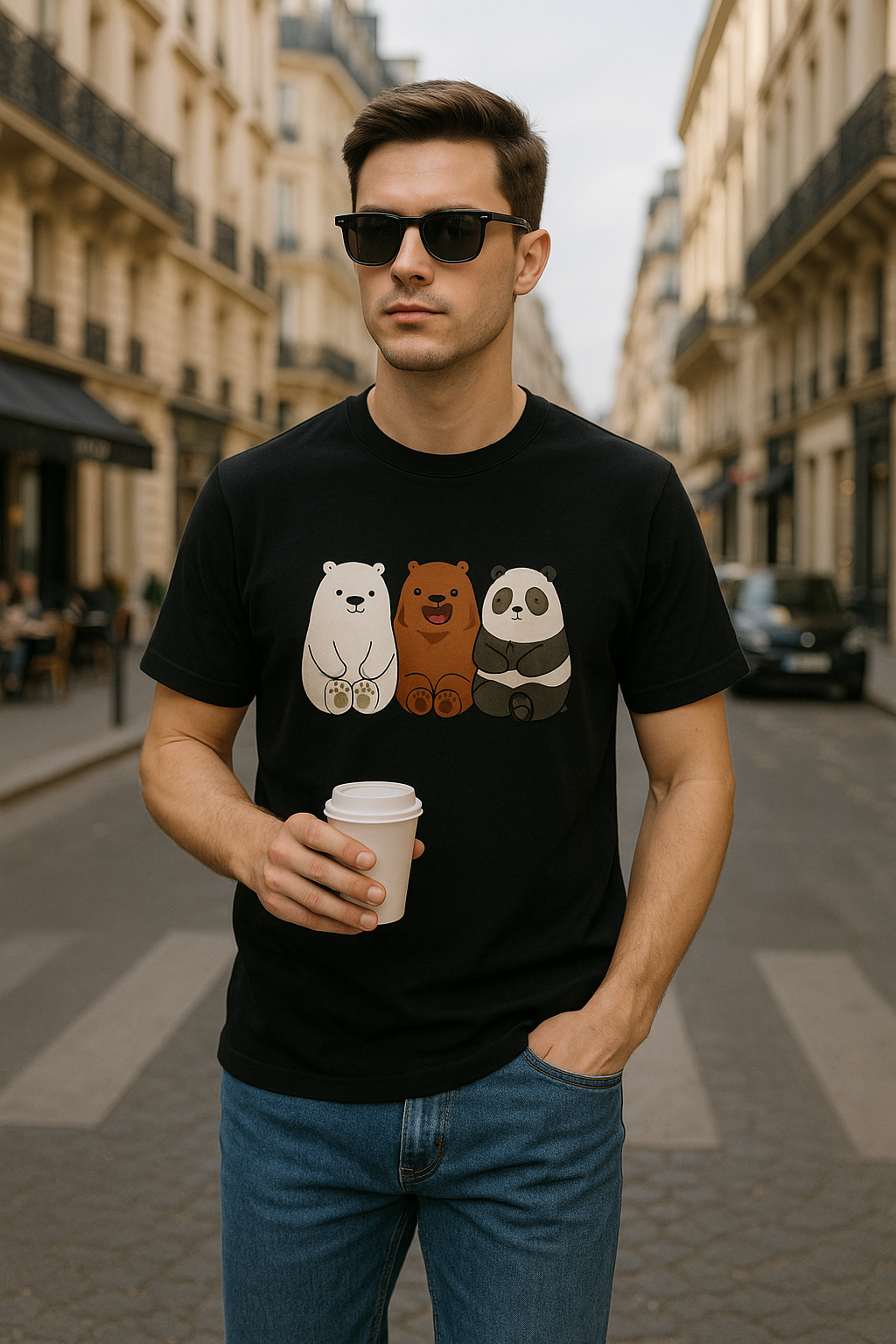 Black cotton T-shirt with three cute cartoon bears (polar bear, brown bear, and panda) sitting side by side on the back design.