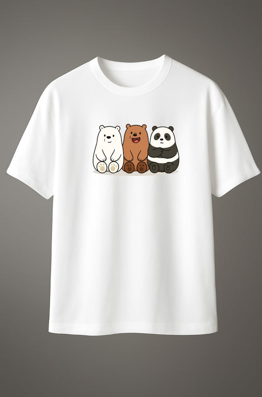 White cotton T-shirt with three cute cartoon bears (polar bear, brown bear, and panda) sitting side by side on the back design.