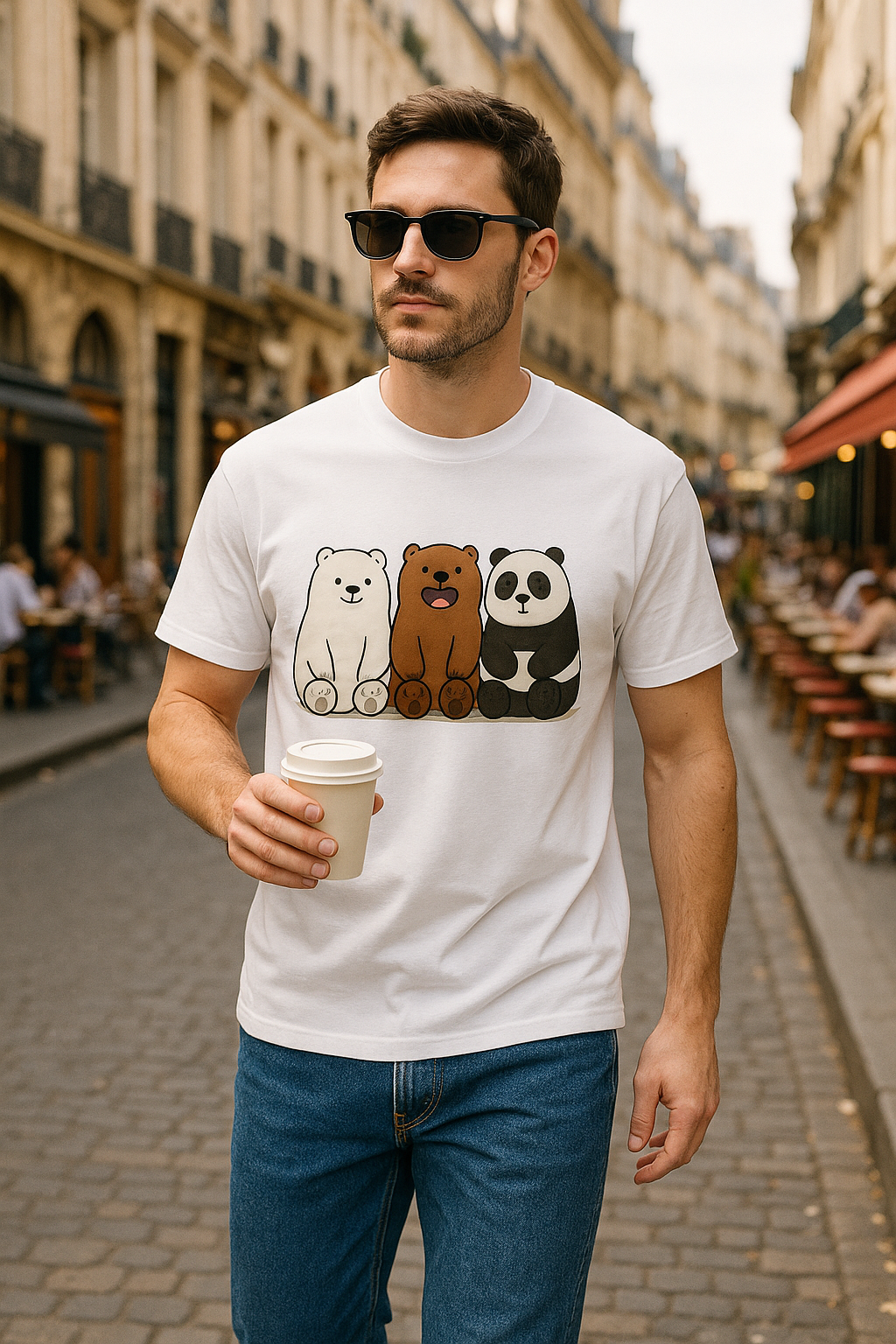 White cotton T-shirt with three cute cartoon bears (polar bear, brown bear, and panda) sitting side by side on the back design.