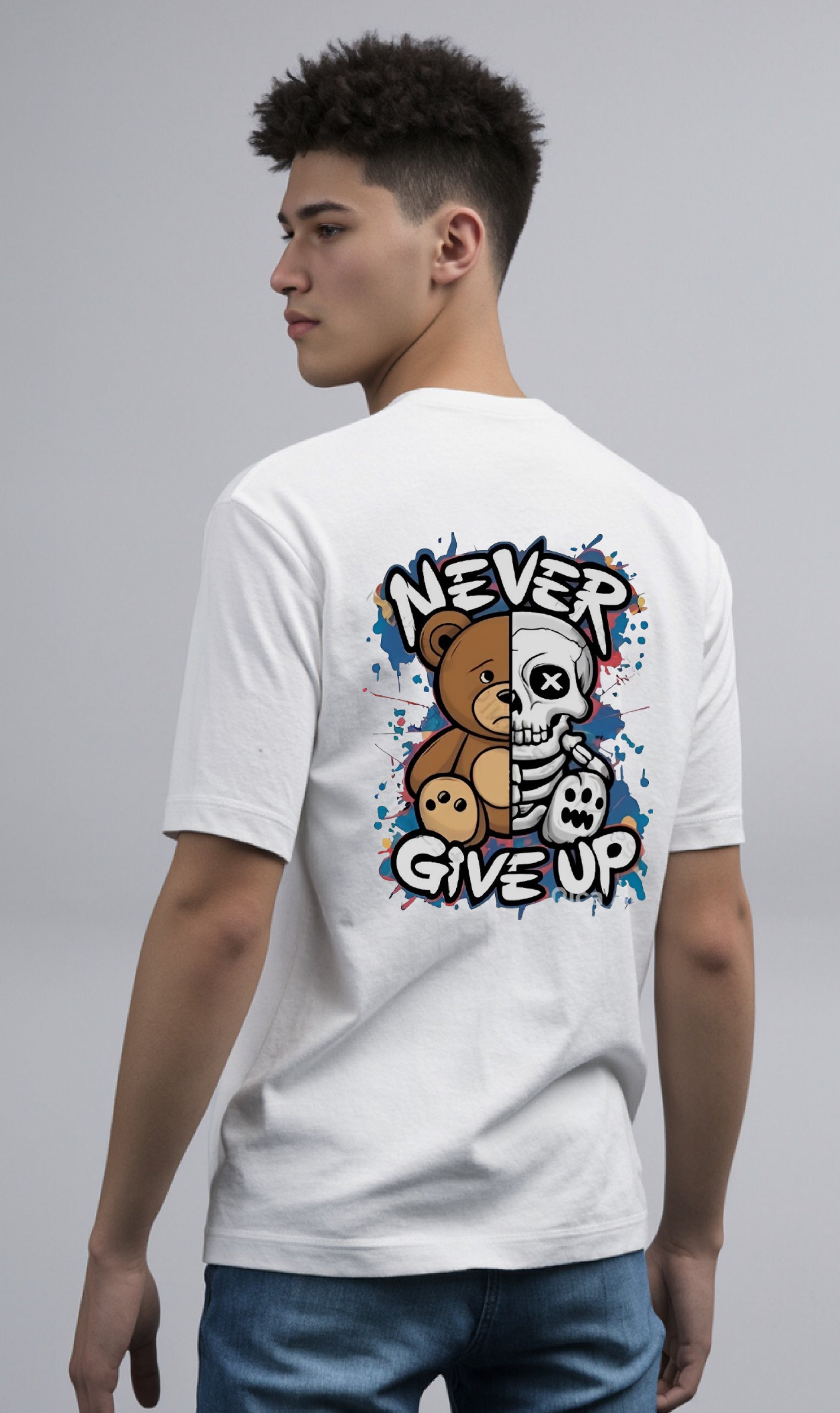 Person wearing a white t-shirt with a graphic design featuring a bear and skull, with 'Never Give Up' text.