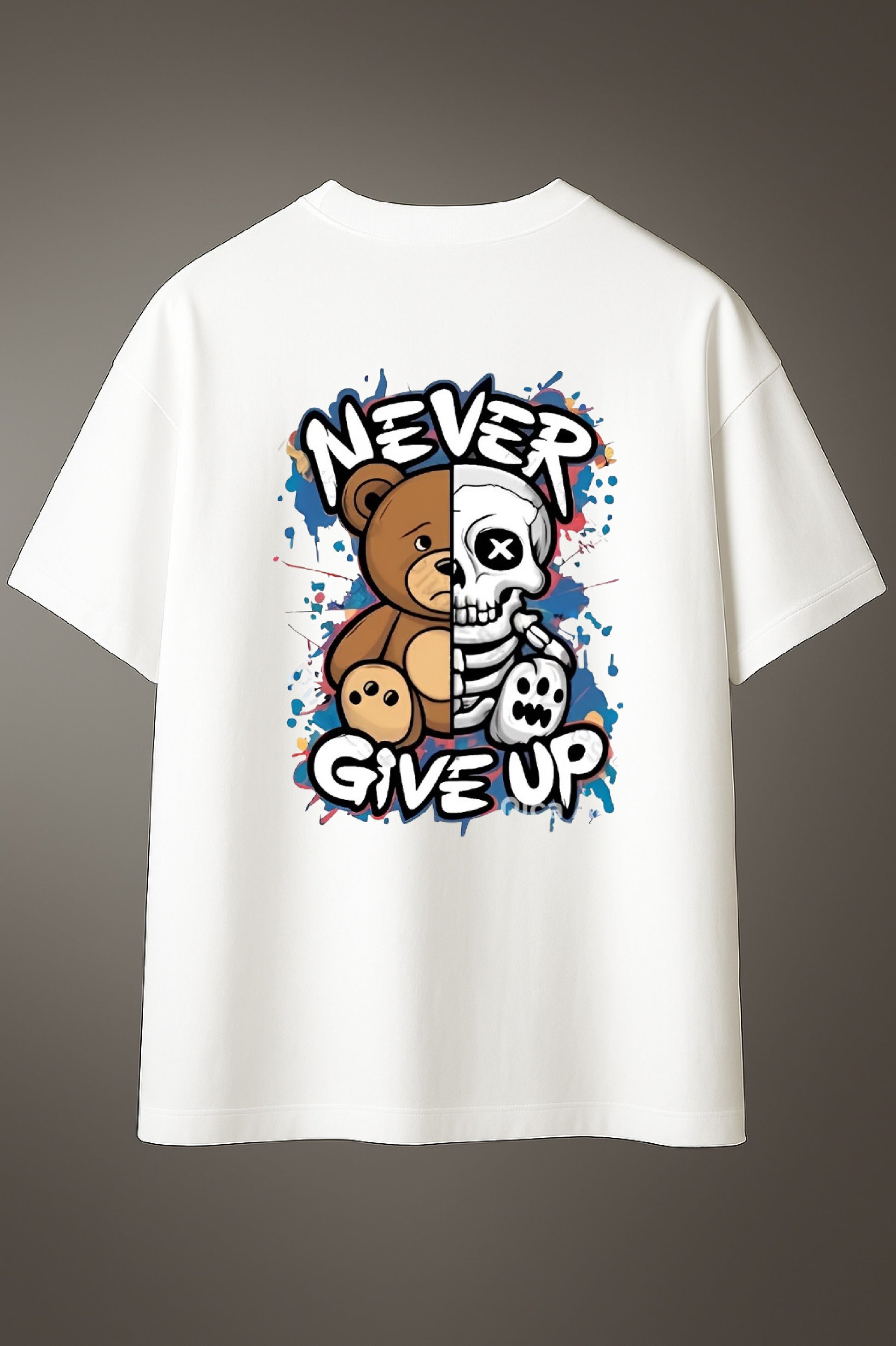 White t-shirt with a graphic design featuring a teddy bear and skeleton holding 'Never Give Up' text on a gray background.