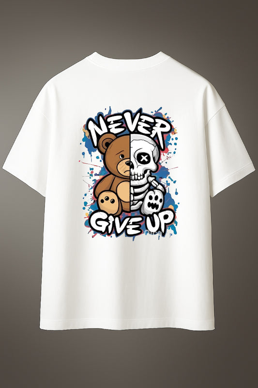 White t-shirt with a graphic design featuring a teddy bear and skeleton holding 'Never Give Up' text on a gray background.