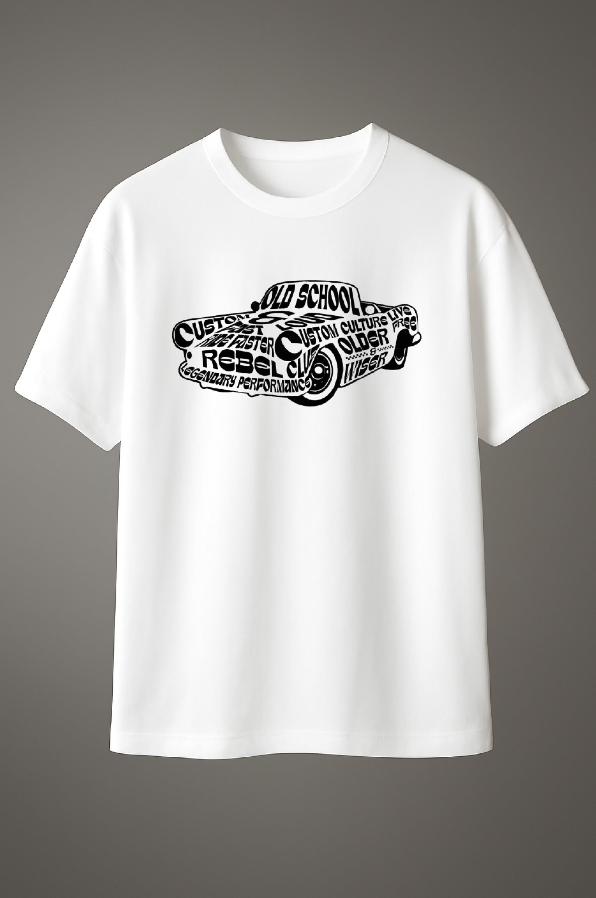 White T-shirt with bold white vintage car graphic design featuring the words “Old School Rebel, Custom Culture, Legendary Performance.