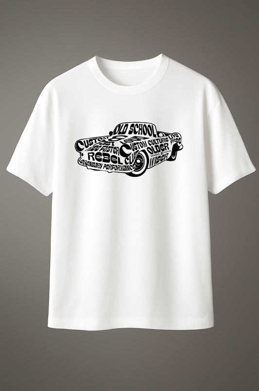 White T-shirt with bold white vintage car graphic design featuring the words “Old School Rebel, Custom Culture, Legendary Performance.