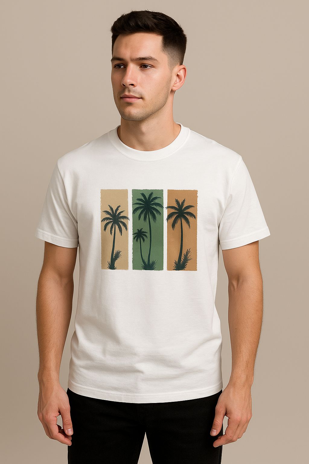 White cotton T-shirt with tropical palm tree graphic print in beige, green, and orange panels.