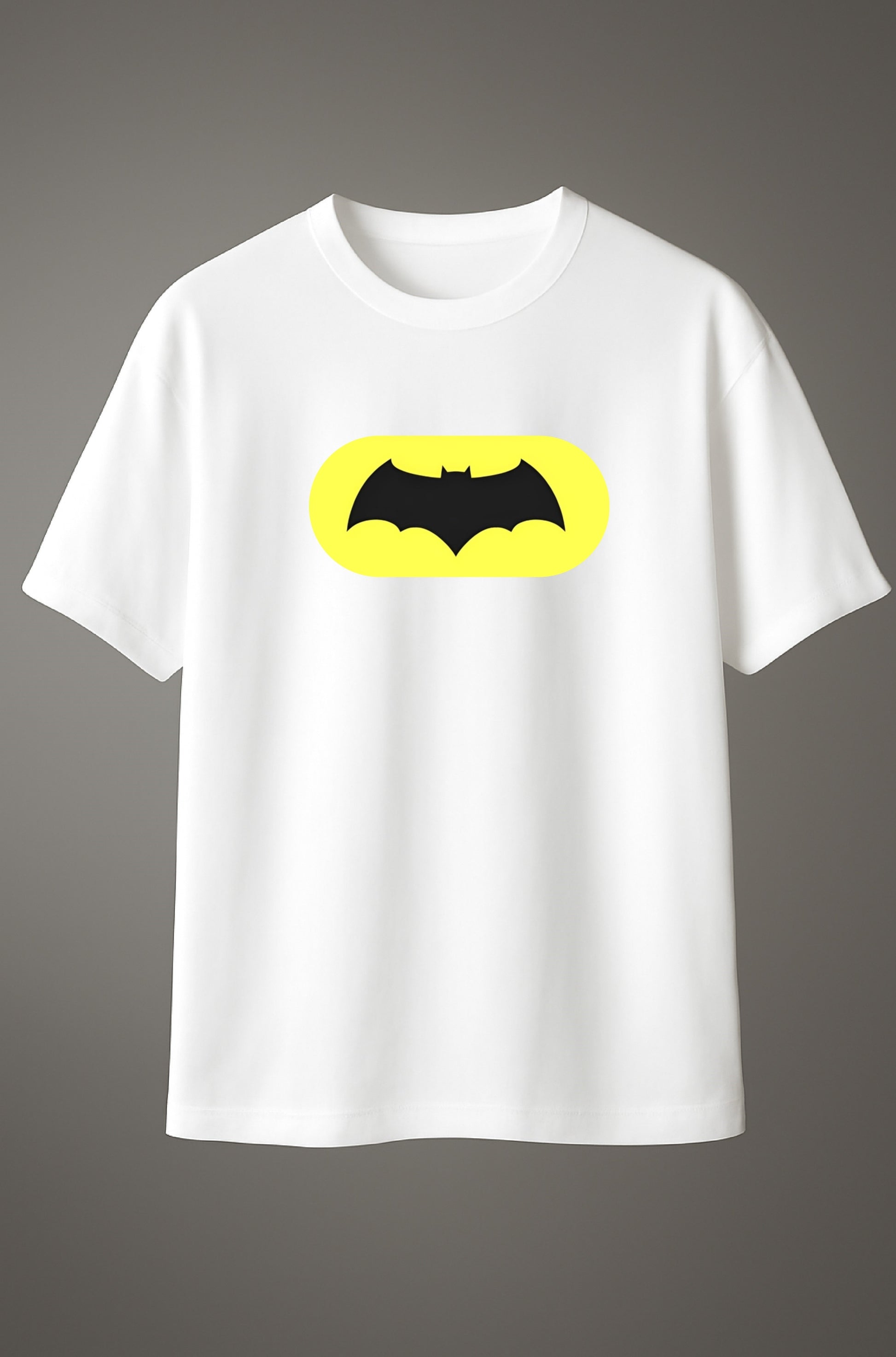 Batman T-shirt featuring yellow oval bat logo, unisex superhero graphic tee.