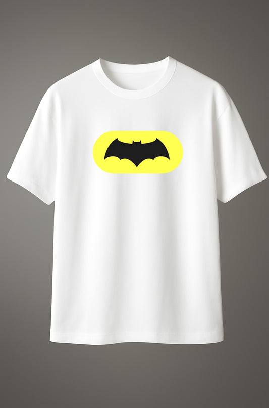 Batman T-shirt featuring yellow oval bat logo, unisex superhero graphic tee.
