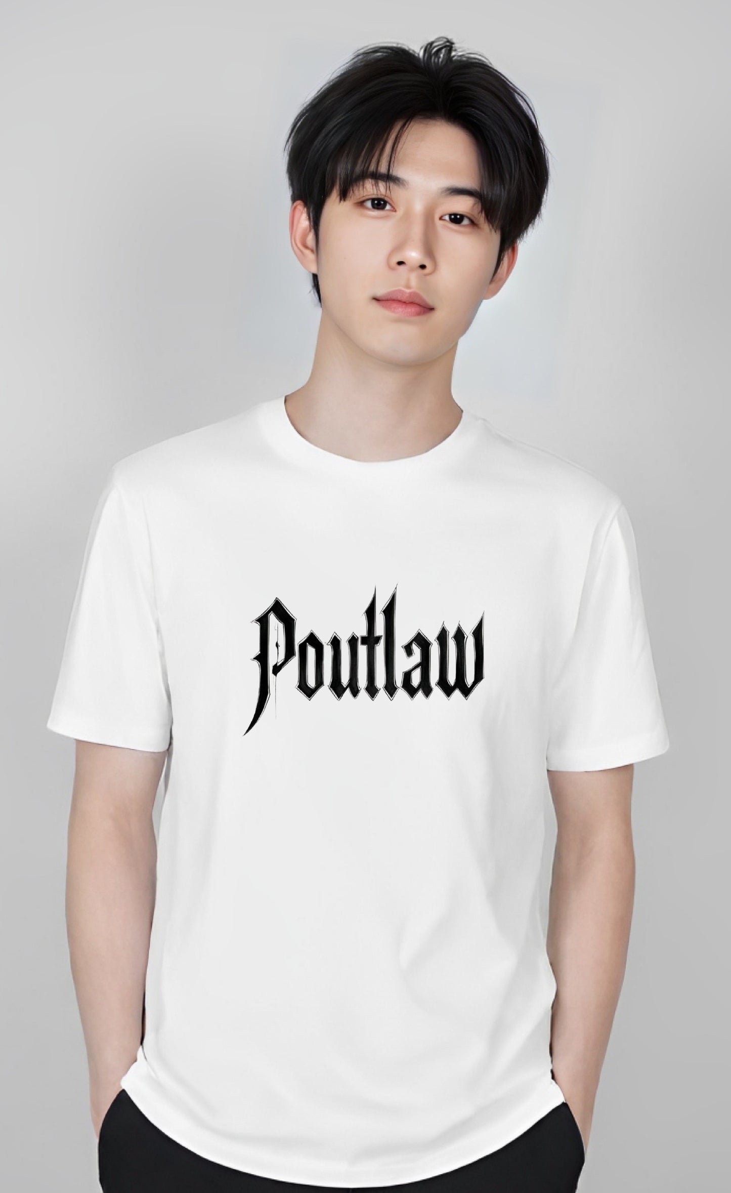 White cotton T-shirt with bold gothic “Poutlaw” logo print on the front.