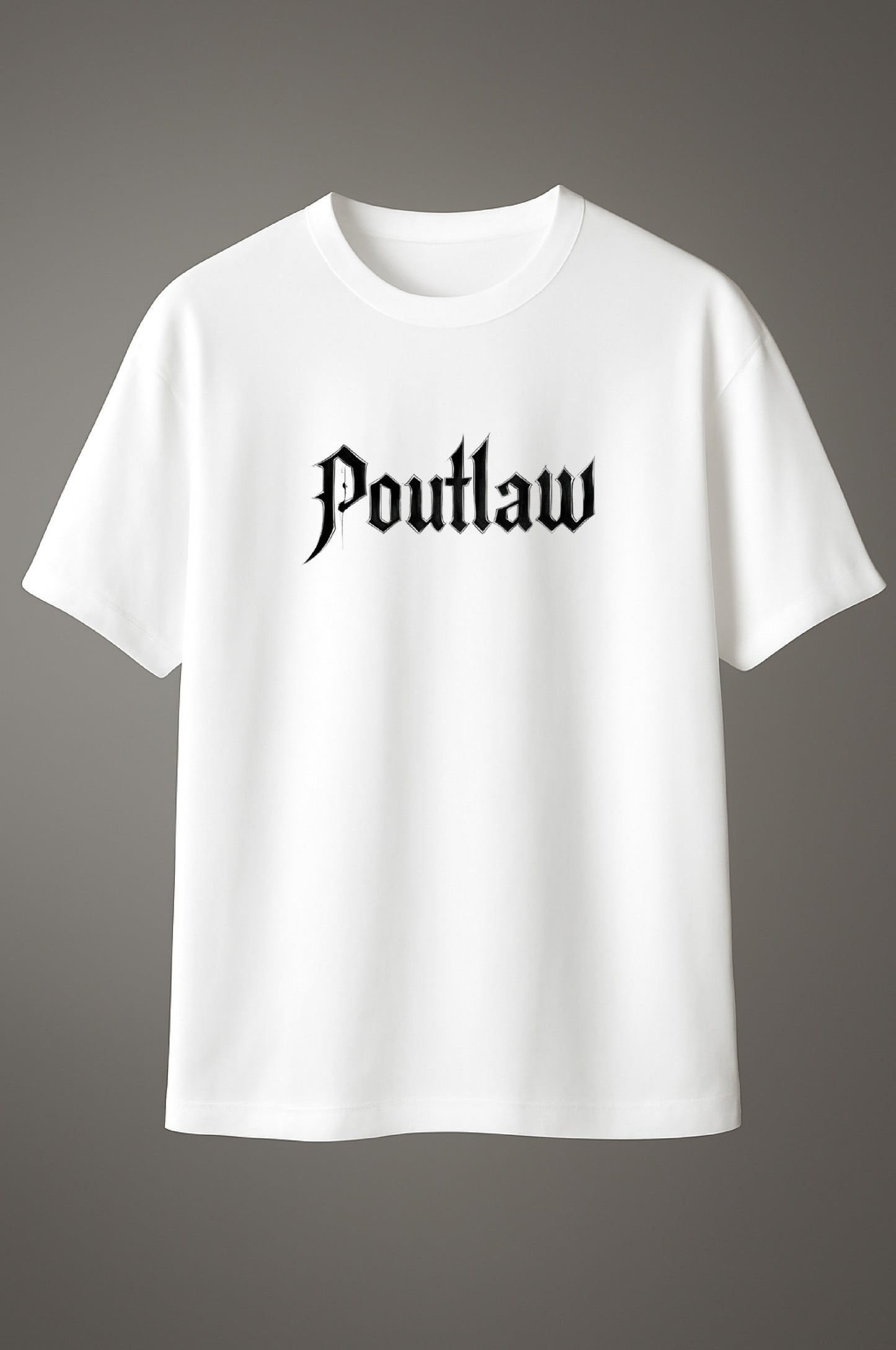 White cotton T-shirt with bold gothic “Poutlaw” logo print on the front.